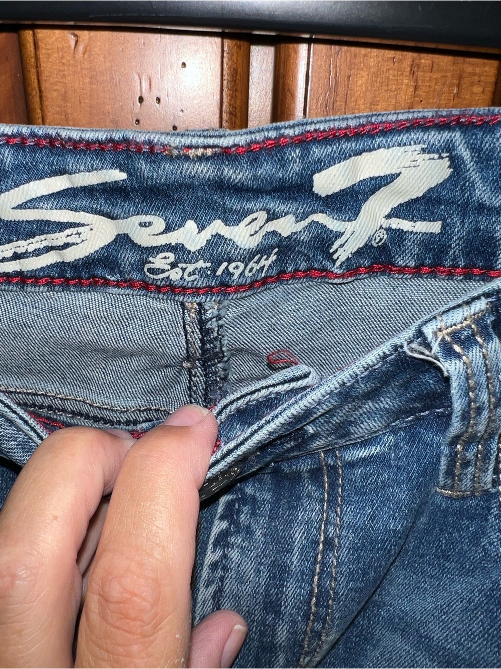 Seven7 Medium Blue Denim Jeans with Red Accent Stitching